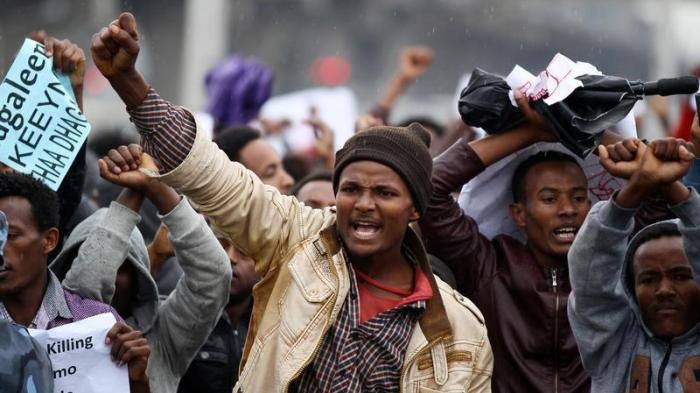 Protesters chant slogans during a demonstration over what they say is unfair distribution of wealth in the country at Meskel Square in Ethiopia's capital Addis Ababa, August 6, 2016.