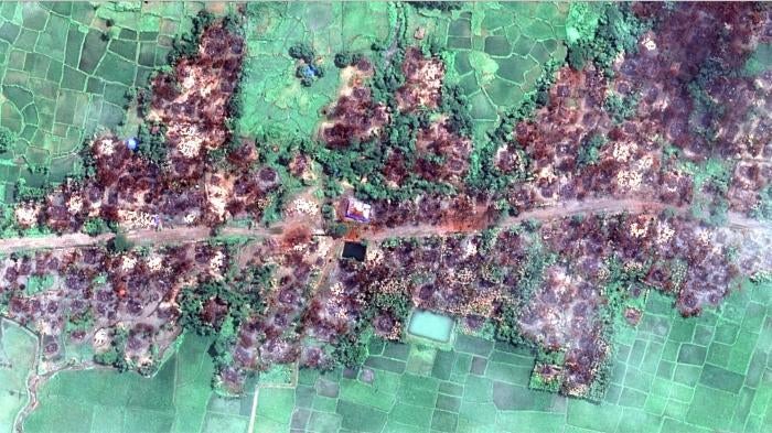 New satellite imagery obtained by Human Rights Watch shows the complete destruction of the village of Chein Khar Li