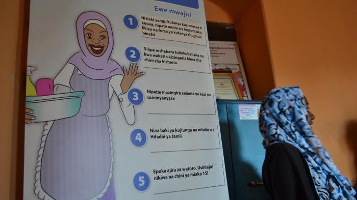 Poster detailing domestic workers’ rights at the office of Zanzibar: Conservation, Hotels, Domestic and Allied Workers Union (CHODAWU-Z).  Stone Town, Zanzibar, Tanzania. 