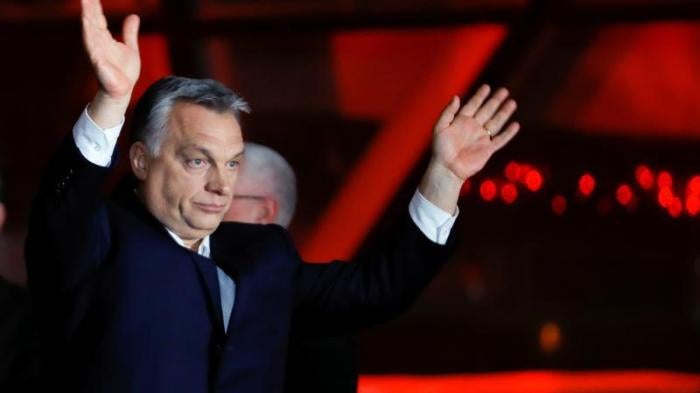 Hungarian Prime Minister Viktor Orbán addresses supporters after the announcement of partial results of the parliamentary election in Budapest, Hungary, April 8, 2018.