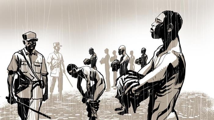 An illustration showing prisoners being tortured in Jail Ogaden, Ethiopia.