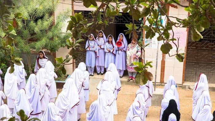 Students at morning exercises at Behar Colony Government Secondary school for girls located in the Lyari neighborhood of Karachi, Pakistan. 