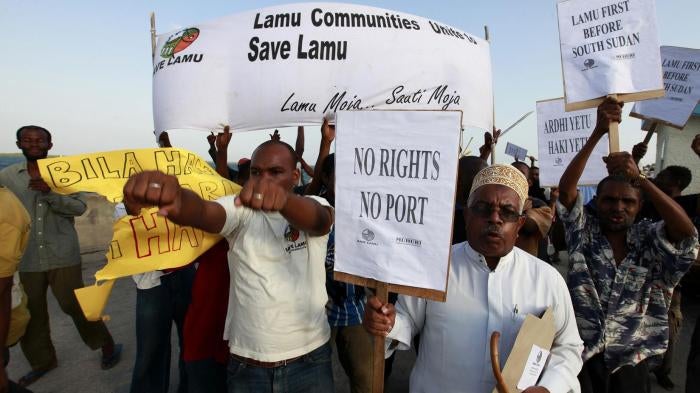 Residents and environmental activists  protesting against  lack of consultations and government failure to address environmental concerns in respect ofo the proposed Lamu Port-South Sudan-Ethiopia (LAPSSET) project in Lamu island, Kenya, March 1, 2012.