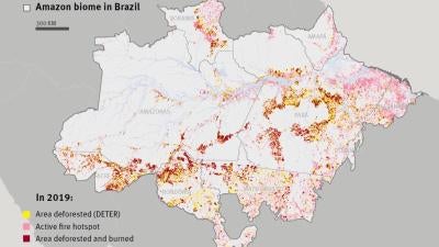 Deforestation and active fire hotspots in the Brazilian Amazon Biome, 2019 