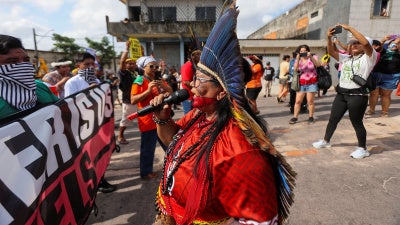 Indigenous people attend a protest to call for climate justice and territorial protection during the U.N. Climate Change Conference (COP30), in Belem, Brazil, November 17, 2025. 