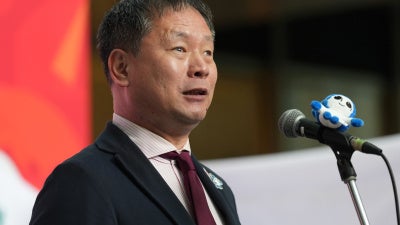 Junichi Kawai, the commissioner of the Japan Sports Agency, delivers a speech in Nagoya, Japan, October 18, 2025. 