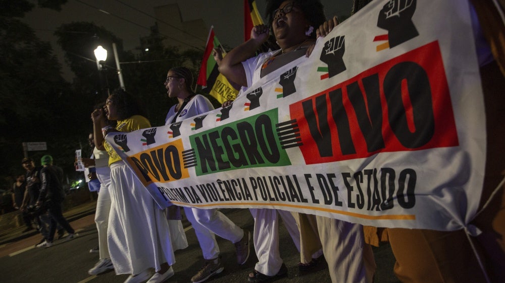 Demonstration to end police violence against Black people held in front of the Law School at Largo São Francisco in São Paulo, Brazil, March 21, 2025. 