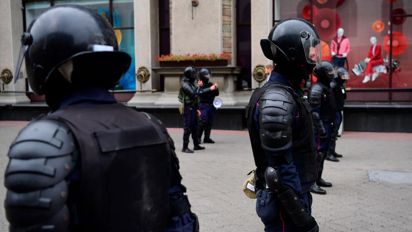 Riot police stand guard during demonstrations against police violence in Minsk, Belarus, September 6, 2020. 