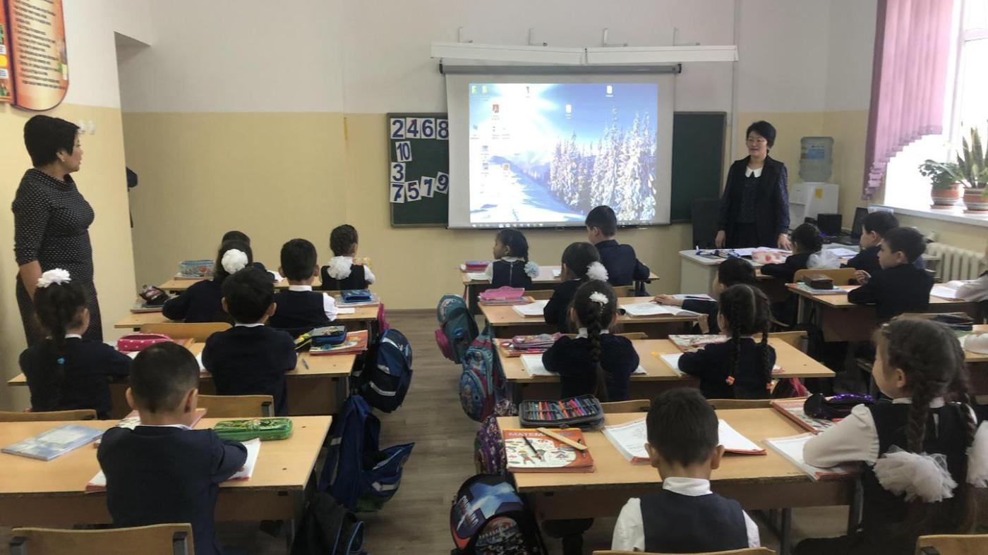 First grade math class in a mainstream inclusive school in Almaty, Kazakhstan, includes at least one child with disabilities.