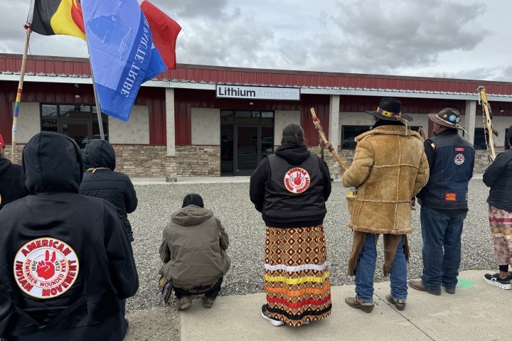 Numu/Nuwu and Newe community members gathering outside of Lithium Americas’ Winnemucca office