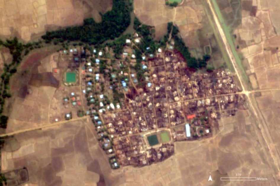 Satellite imagery recorded on May 23, 2020, shows approximately 70 percent of Let Kar village destroyed by fire. Damage analysis by Human Rights Watch.  Satellite imagery © 2020 Planet Labs