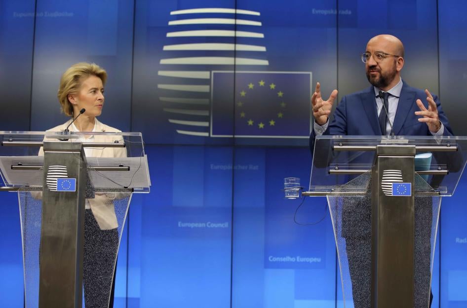 European Commission President Ursula von der Leyen and European Council President Charles Michel participate in a media conference after a meeting with Turkish President Recep Tayyip Erdogan at the European Council building in Brussels, March 9, 2020.  