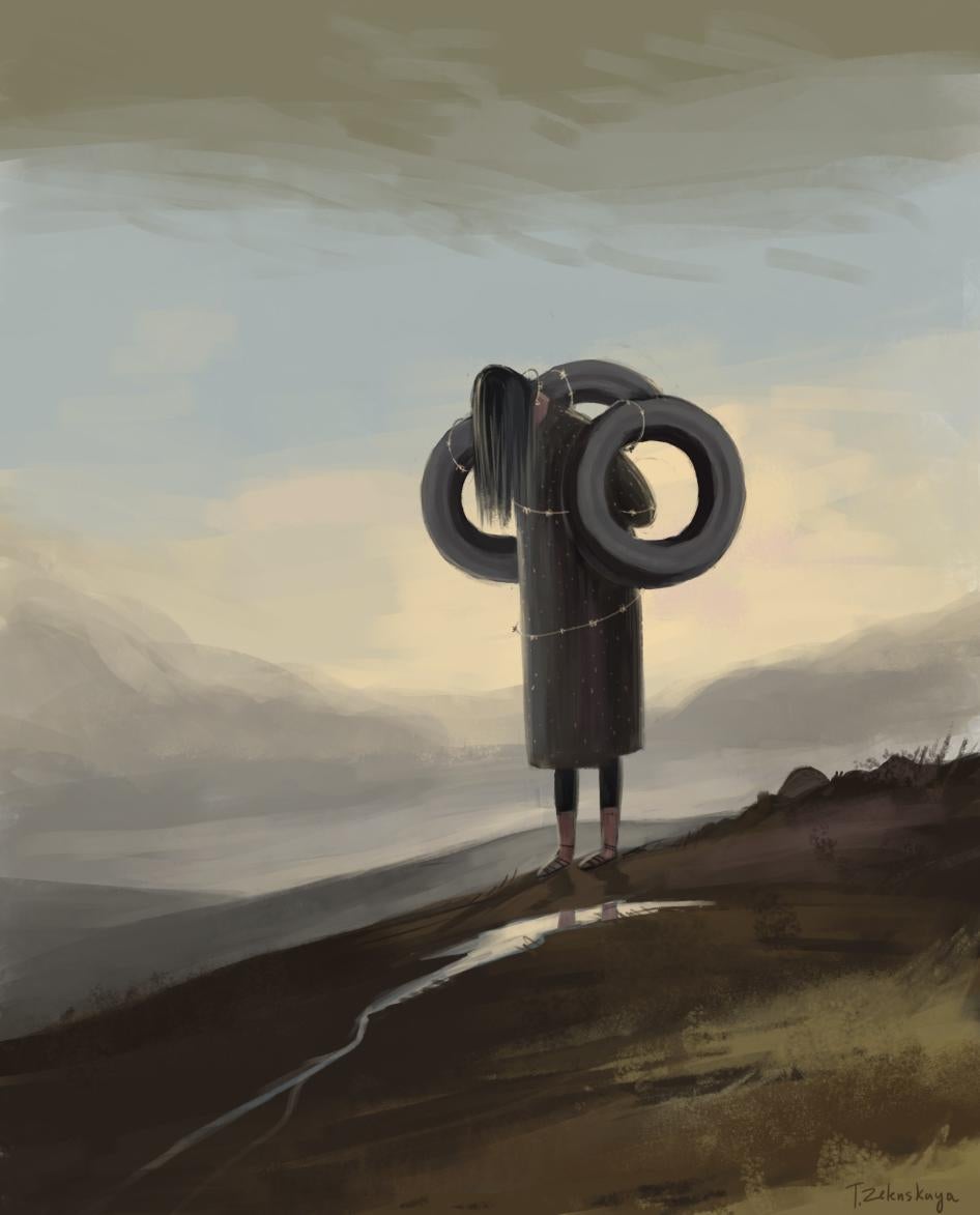 An artistic representation of a domestic violence case in Kyrgyzstan.