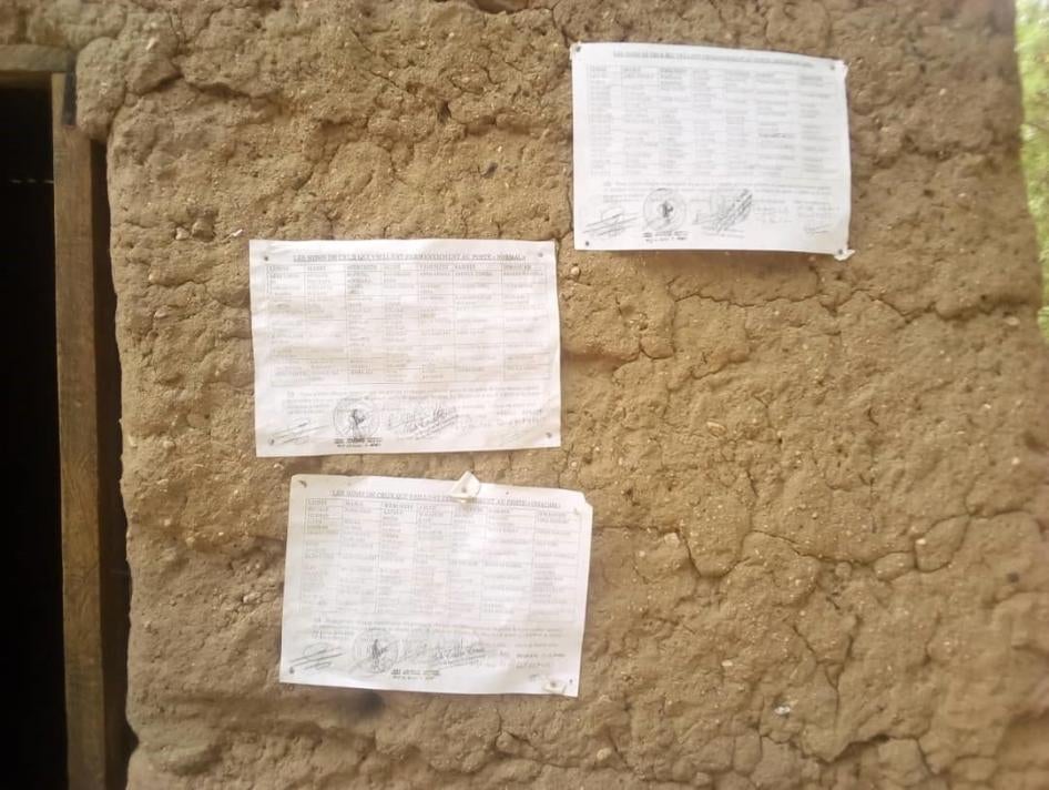 Listes des civils contraints par les militaires à la garde de nuit, collées sur un mur au marché de Mozogo, dans la région de l’Extrême-Nord, au Cameroun. Vers le bas de chaque feuille, sous la liste des noms, figurent ces instructions données par les autorités locales : « Nous prions chaque responsable du groupe et chaque militaire présent au poste de bien vouloir appeler et vérifier celui qui est présent et absent enfin de punir ce dernier. Le départ au poste à 18h00 et la sortie du poste à 4h00. » Avril 