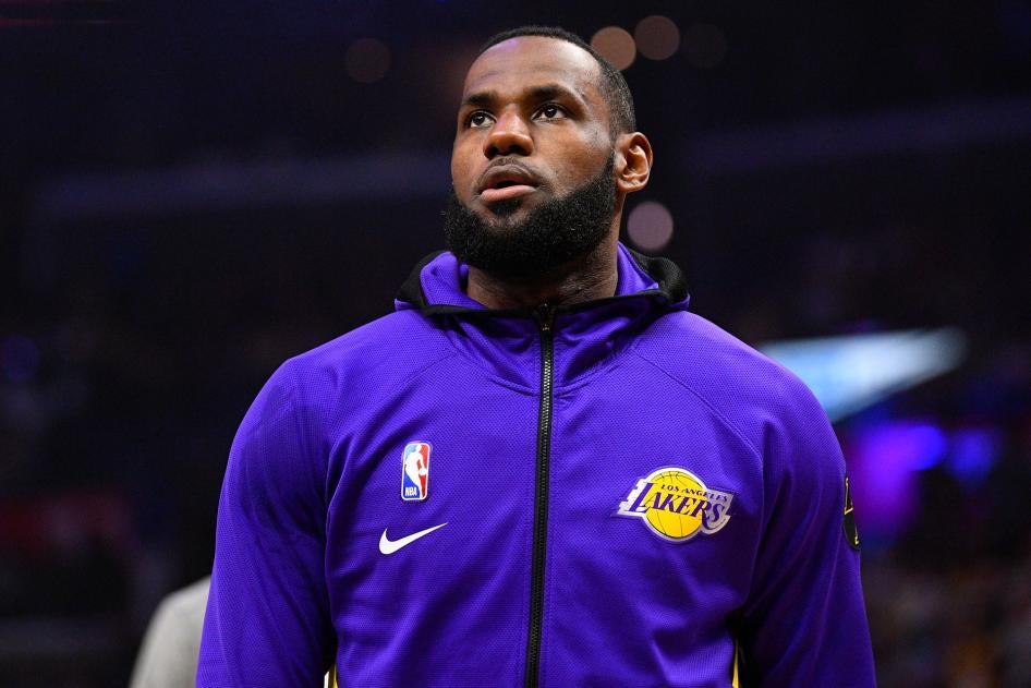 Los Angeles Lakers Forward LeBron James looks on before a NBA game in Los Angeles, California, March 8, 2020.