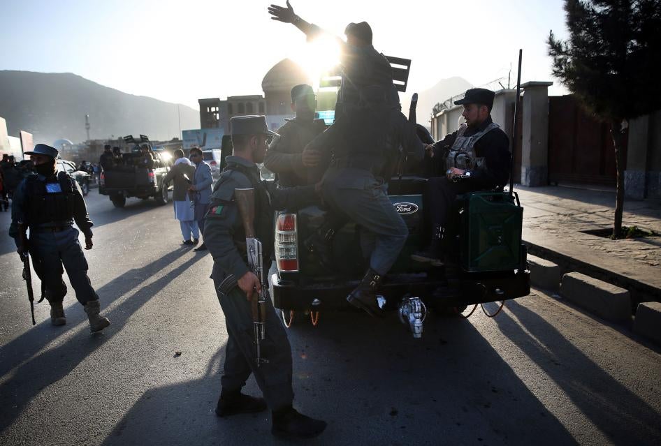 Afghan National Police seen near the Defense Ministry compound in Kabul, Afghanistan, February 27, 2016. 