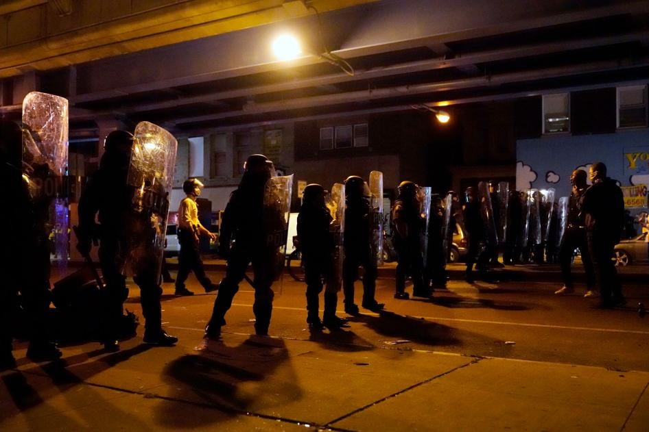 Philadelphia police officers form a line during a demonstration in Philadelphia, October 27, 2020. 