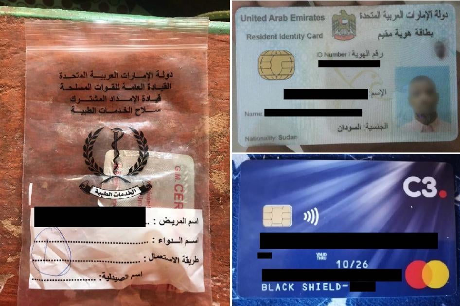 Redacted company credit card, health card, and work visa