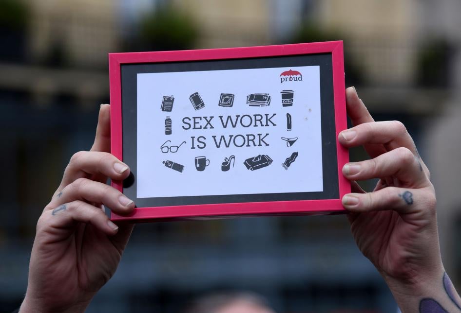 People demonstrate in support of sex workers, April 14, 2018. 