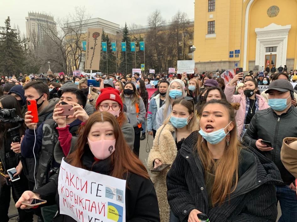 International Women’s Day march in Almaty, Kazakhstan, March 8, 2021. 