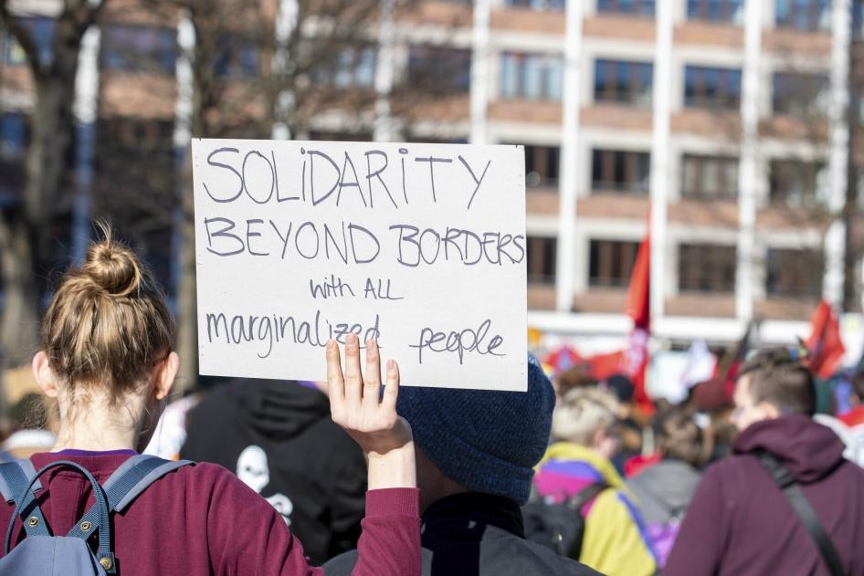 A participant at a feminist protest on international women’s day in Munich, Germany on 8 March 2020.