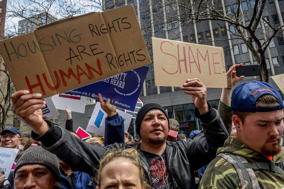 A group of protestors during a major demonstration at 26 Federal Plaza in New York City, in response to then-President Donald Trump’s proposal to cut $6.2 billion in federal housing funds, April 20, 2017. 