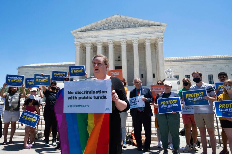 Human Rights Campaign Legal Director Sarah Warbelow speaks at a rally on the steps of the Supreme Court on Thursday, June 17, 2021 in Washington, D.C. following the Fulton decision.