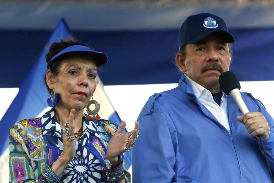 In this Sept. 5, 2018 file photo, Nicaragua's President Daniel Ortega and his wife, Vice President Rosario Murillo, lead a rally in Managua, Nicaragua.