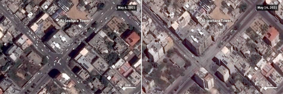  Before and after satellite imagery illustrate the attack on al-Jawhara tower on May 12, 2021