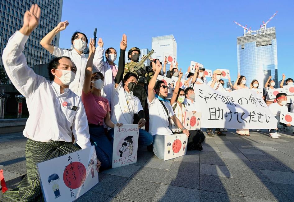 Myanmar residents in Japan stage a protest rally in Tokyo on August 1, 2021. 