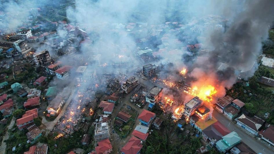 Fires burn in the town of Thantlang in Chin State, Myanmar, October 29, 2021.