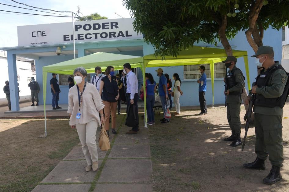Isabel Santos, front, member of the European Parliament and Chief Observer of the 2021 EU Election Observation Mission to Venezuela, leaves the National Electoral Council headquarters before regional elections in Ciudad Bolivar, Venezuela on November 17, 2021.