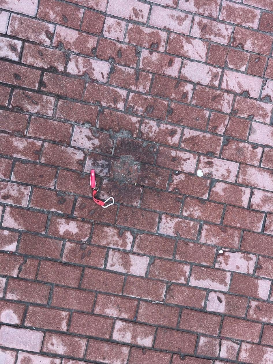 Бризки крові на тротуарі біля Чернігівської обласної дитячої лікарні, що узгоджується за часом з детонацією осколкового суббоєприпасу 9N235 внаслідок російської атаки 17 березня 2022 року, 19 квітня 2022 року. 