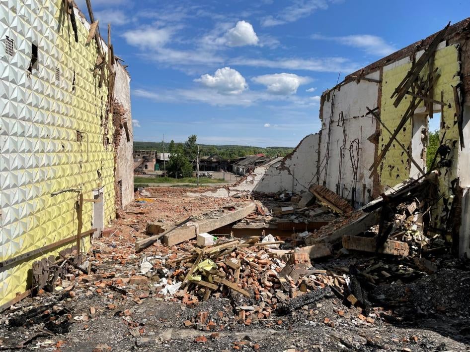 An attack on March 17 destroyed the cultural center in the village of Selekstiine, which Ukrainian forces were using as a barracks at the time of the attack, May 25, 2022. 