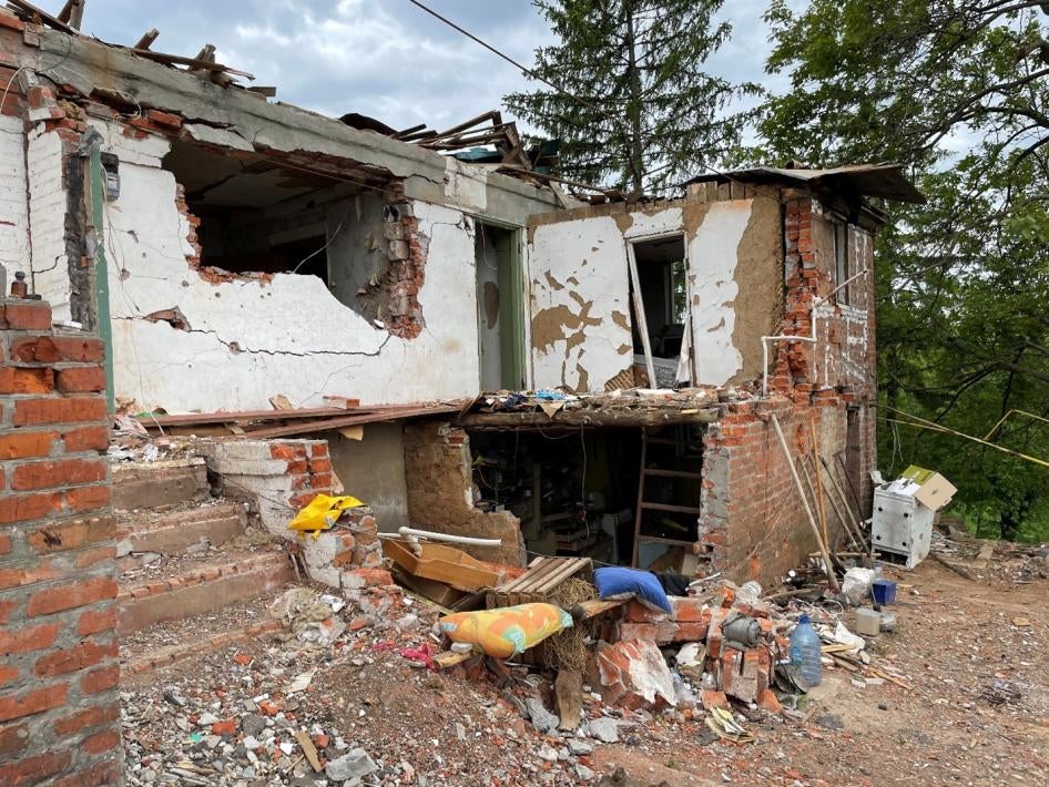 The home of the Bovsunovska family, which was damaged in an attack on March 2 on the village of Yakovlivka, where there was a large presence of Ukrainian Territorial Defense Forces and Border Guards. The attack killed at least four civilians and wounded at least 10, including from the Bovsunovska family, May 25, 2022.