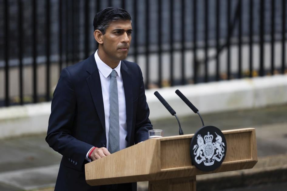 Rishi Sunak makes his first speech as British prime minister outside 10 Downing Street, London.