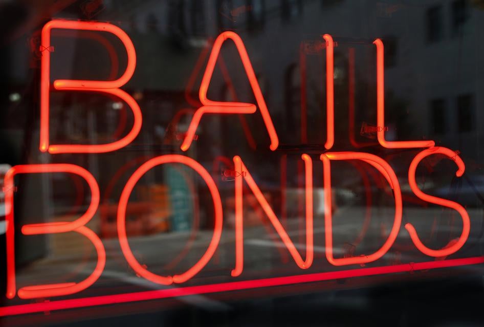 A sign advertising a bail bonds business is displayed near Brooklyn's jail and courthouse complex in New York.