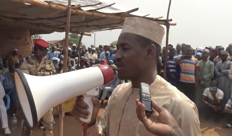 Hassan Bouba addresses residents of Ngakobo while on a ministerial trip. 
