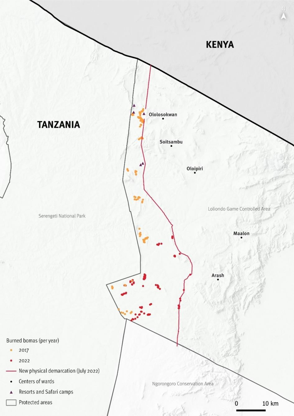 Map of the so-called “area A” of Pololeti Game Controlled Area displaying the full trace of the new demarcation built in mid-2022, along with homesteads and animal enclosures burned in 2017 and in 2022. 