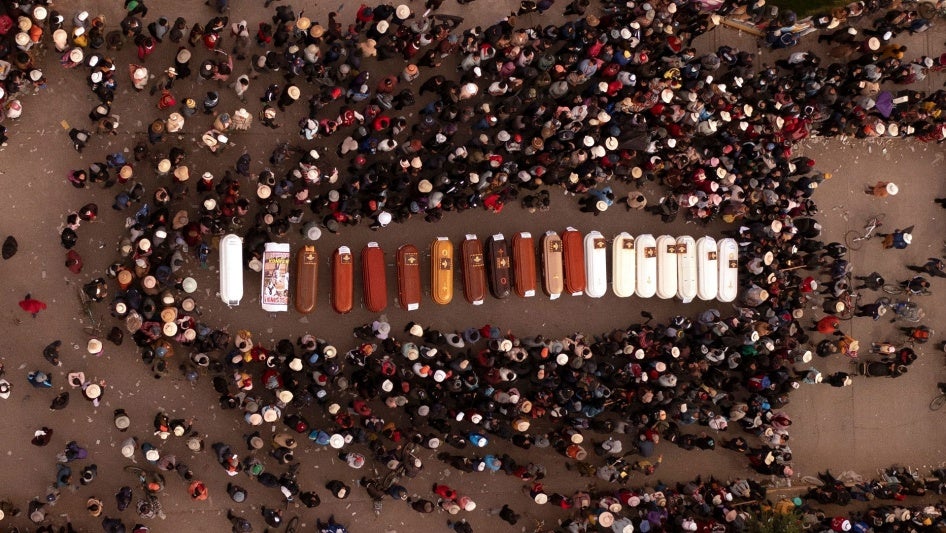 View of a protest with coffins