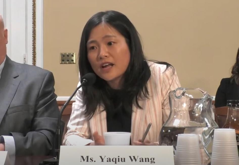 Yaqiu Wang, senior China researcher at Human Rights Watch, testifies at the US House Committee on Rules on May 10, 2023.