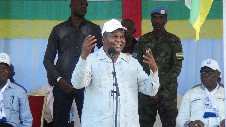 Central African President Faustin-Archange Touadera speaks during the referendum campaign