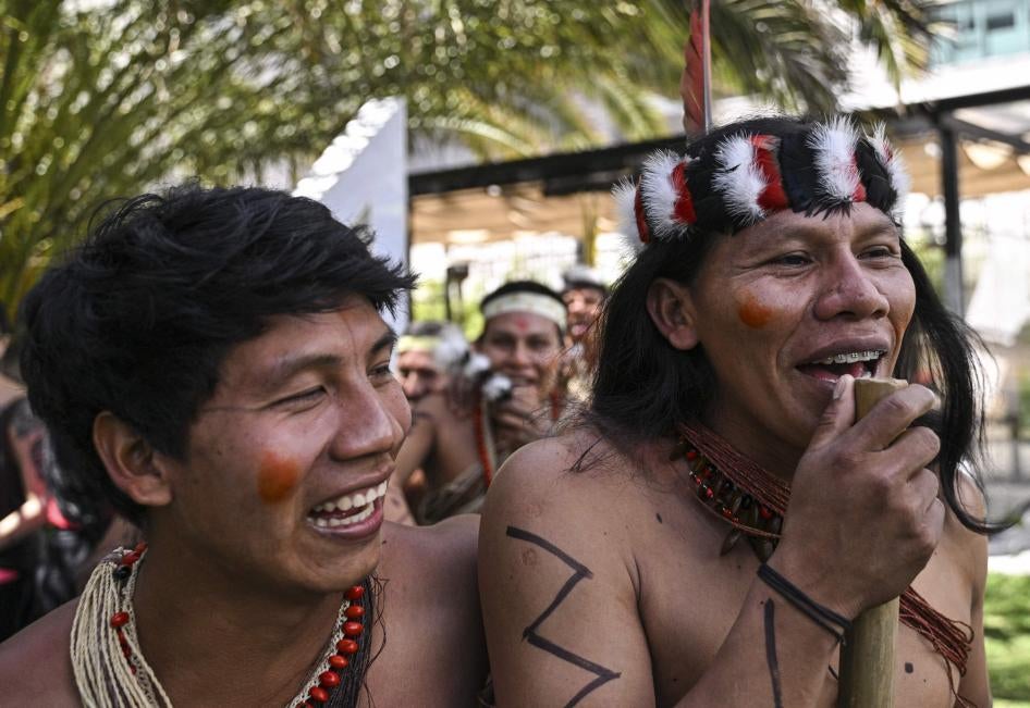 Members of the Waorani Indigenous community demonstrate for peace, for nature and to promote a Yes vote in a referendum to end oil drilling in the Yasuni National Park, Ecuador, August 14, 2023. 