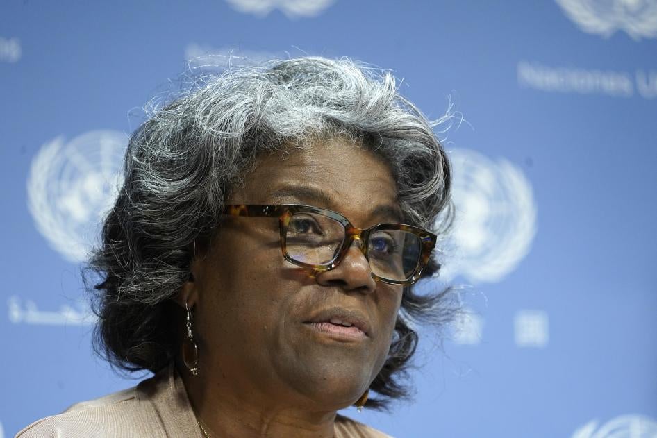 inda Thomas -Greenfield, US Ambassador to the UN, updates the press on her agenda as she assumes the presidency of the Security Council for the month of August at the United Nations Hheadquarters on August 1, 2023 in New York City, US.