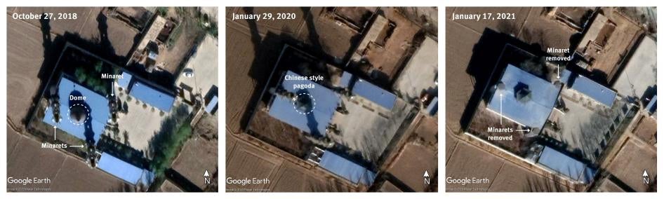 Yangzhuangzi Mosque at Liaoqiao Group 2 settlement in Liaoqiao, China (left). The round dome was replaced by Chinese style pagoda in 2019 (center). The three minarets were then removed between January and August 2020 (right).