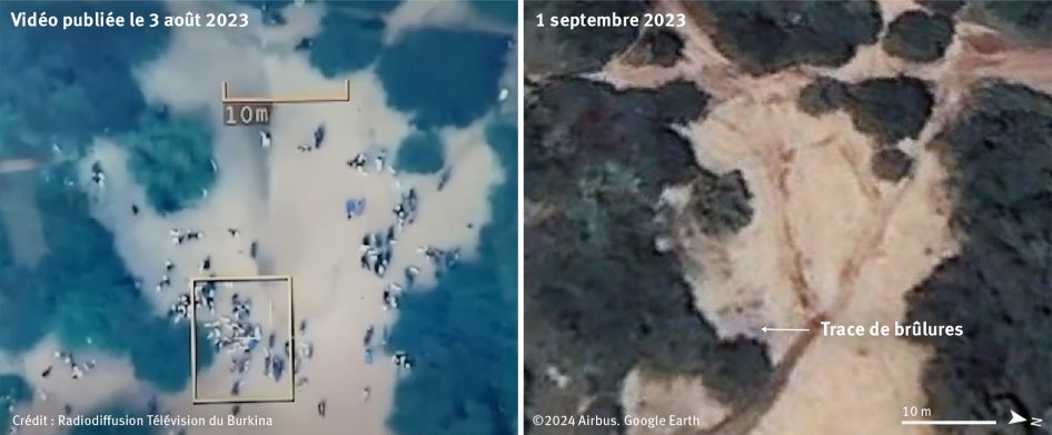 À gauche, une capture d’écran d’une vidéo d’un drone militaire burkinabè le 3 août 2023, prise sur la chaine YouTube de Radiodiffusion Télévision du Burkina. L’image montre l’instant précédant une attaque par une munition guidée sur des dizaines de personnes et d’animaux dans le village de Bouro. © 2023 Radiodiffusion Télévision du Burkina. À droite, une image satellite prise le 1er septembre 2023 montre des traces de brûlures au même endroit. Image © 2024 Airbus. Source Google Earth. Analyse et Graphiques 