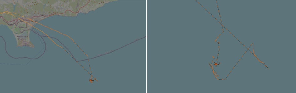 Mapping showing a helicopter route over a body of water