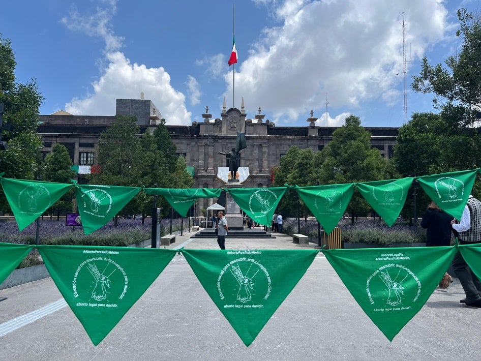 Green handkerchiefs bearing the slogan "Abortion for All of Mexico" in front of the State of Mexico Congress on September 19, 2024, in Toluca, Mexico. 
