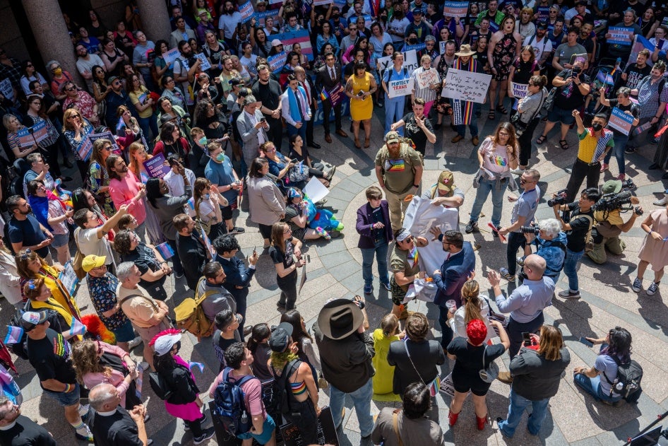 Demonstrators protest against anti-LGBTQ bills during a “Fight For Our Lives” rally at the Texas State Capitol in Austin, March 27, 2023. 