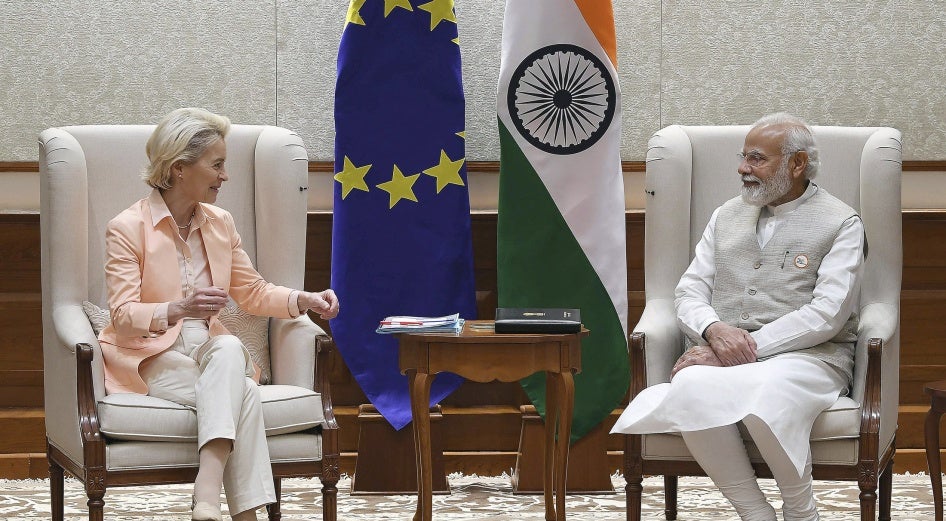 EU Commission President Ursula von der Leyen (left) and Indian Prime Minister Narendra Modi meeting in New Delhi, April 25, 2022.